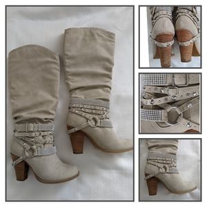 Not Rated Tall Boots Heels Buckles Straps Beige Sand Bling 6.5 EUC